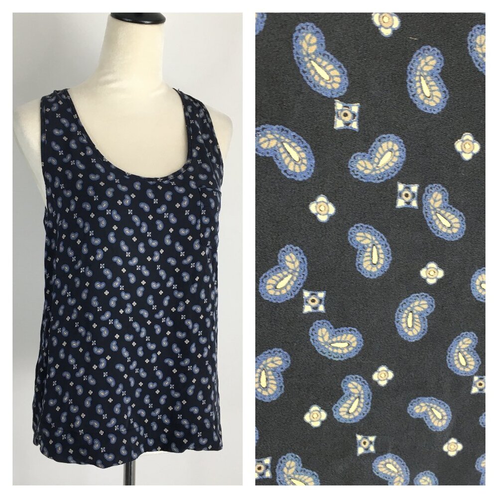 STEVEN ALAN Navy Blue Beige Paisley Print 100% Silk Sleeveless Tank Top